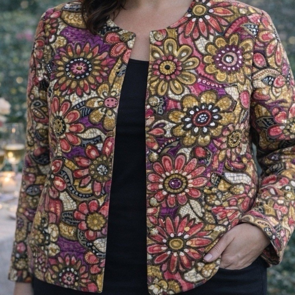 Laura Ashley Womens 3X Boho Floral‎ Tapestry Jacket Lined Sequin Embellished